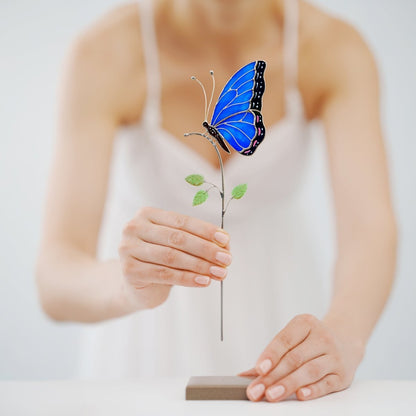 suncatcher stained_glass Blue Butterfly Stained Glass Table Decor – Handmade Art Piece