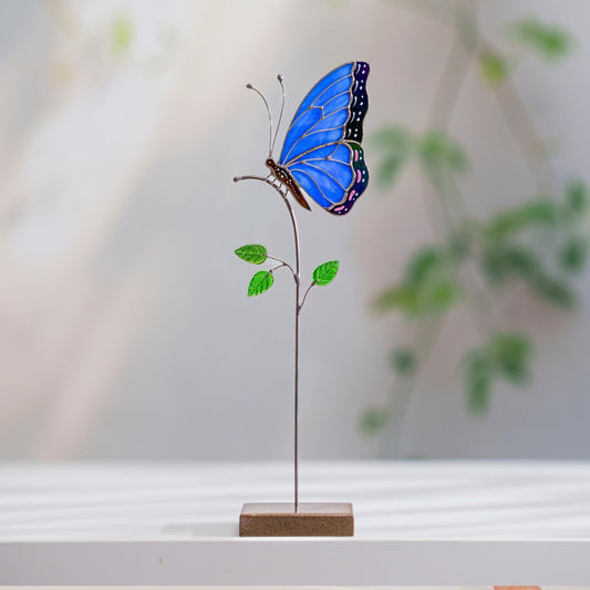 suncatcher Insect stained_glass Blue Butterfly Stained Glass Table Decor – Handmade Art Piece