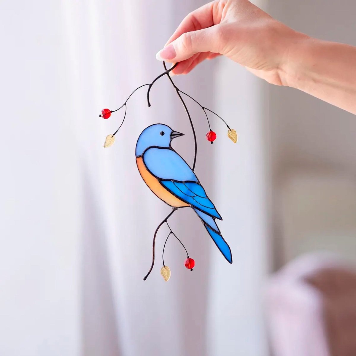 suncatcher Bird stained_glass Blue Sialia bird Stained Glass - Suncatcher Hanging Decor 8.5x4.75 inch