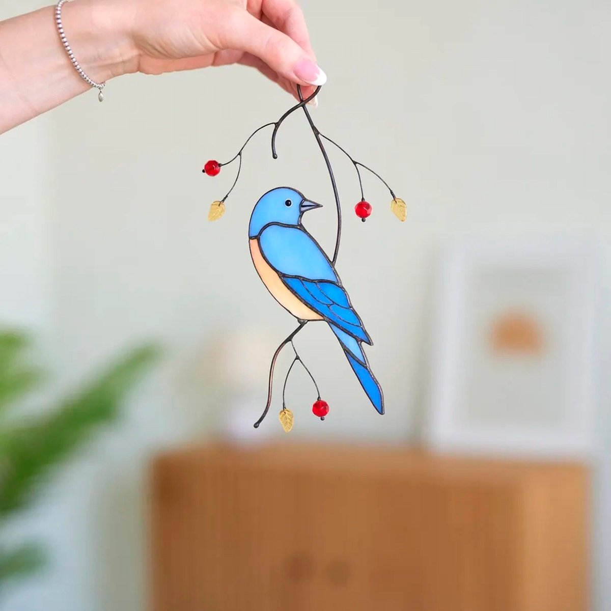 suncatcher Bird stained_glass Blue Sialia bird Stained Glass - Suncatcher Hanging Decor 8.5x4.75 inch