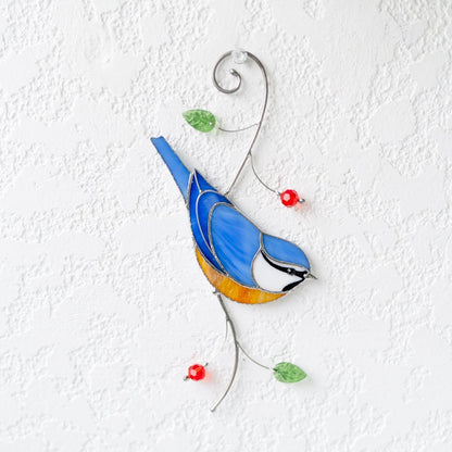 suncatcher Top product stained_glass Blue Tit Window Hanging – Stained Glass Bird Decor A Delightful Symbol of Joy, Curiosity