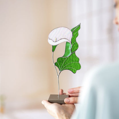 suncatcher stained_glass Calla Lily Stained Glass Table Decor – Elegant Floral Sculpture on Stone Base