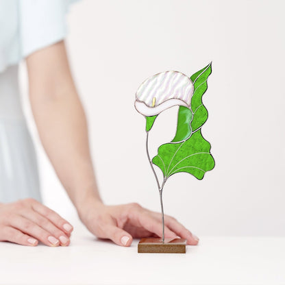 suncatcher stained_glass Calla Lily Stained Glass Table Decor – Elegant Floral Sculpture on Stone Base