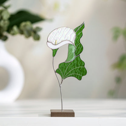 suncatcher stained_glass Calla Lily Stained Glass Table Decor – Elegant Floral Sculpture on Stone Base