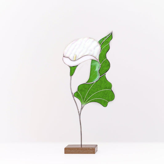suncatcher stained_glass Calla Lily Stained Glass Table Decor – Elegant Floral Sculpture on Stone Base