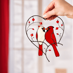 suncatcher stained_glass Cardinal Couple in Heart Stained Glass Suncatcher Christmas Decor