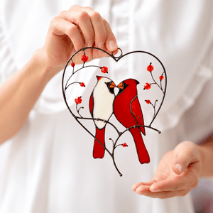 suncatcher stained_glass Cardinal Couple in Heart Stained Glass Suncatcher Christmas Decor