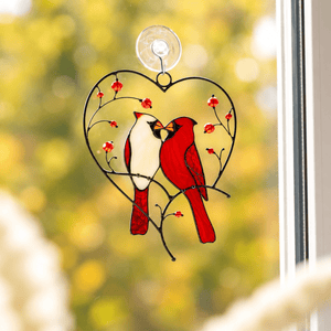 suncatcher stained_glass Cardinal Couple in Heart Stained Glass Suncatcher Christmas Decor