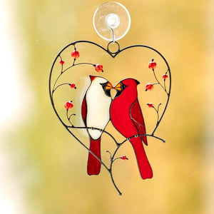 suncatcher stained_glass Cardinal Couple in Heart Stained Glass Suncatcher Christmas Decor