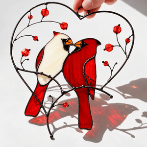 suncatcher stained_glass Cardinal Couple in Heart Stained Glass Suncatcher Christmas Decor