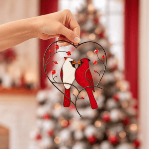 suncatcher stained_glass Cardinal Couple in Heart Stained Glass Suncatcher Christmas Decor