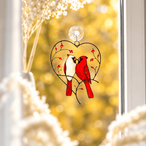 suncatcher stained_glass Cardinal Couple in Heart Stained Glass Suncatcher Christmas Decor