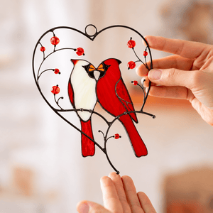suncatcher stained_glass Cardinal Couple in Heart Stained Glass Suncatcher Christmas Decor
