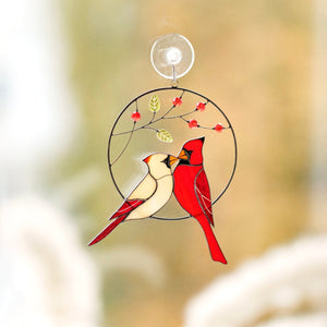 suncatcher stained_glass Cardinal Couple Stained Glass Suncatcher Christmas Decor