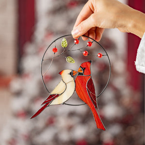 suncatcher stained_glass Cardinal Couple Stained Glass Suncatcher Christmas Decor