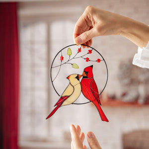 suncatcher stained_glass Cardinal Couple Stained Glass Suncatcher Christmas Decor