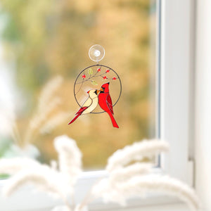 suncatcher stained_glass Cardinal Couple Stained Glass Suncatcher Christmas Decor