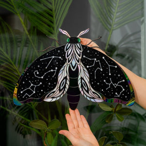 suncatcher stained_glass Celestial Moth Stained Glass Wall Decor with Stars