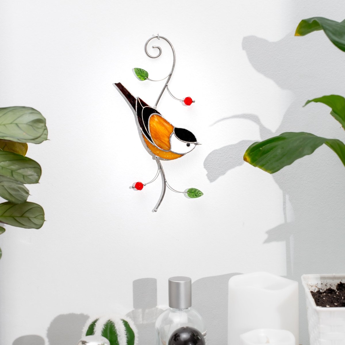 suncatcher stained_glass Chickadee Window Hanging – Stained Glass Bird Gift A Cheerful Symbol of Joy, Hope, and Lighthearted Spirit