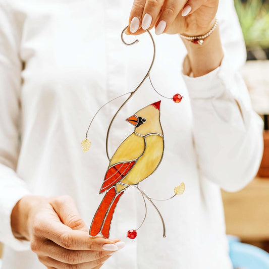 suncatcher Top product stained_glass Female Red Cardinal Suncatcher - Stained Glass Hanging Decor 3.8x8.3 inch