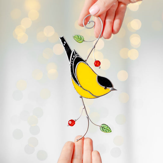 suncatcher stained_glass Goldfinch Stained Glass Suncatcher – Handmade Window Hanging Decor