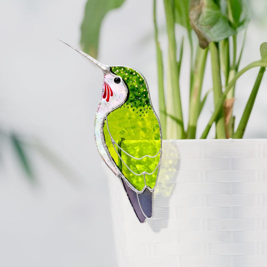 suncatcher stained_glass Green Hummingbird Stained Glass – Planter Decoration Funny & Cute Bird Gift | Tropical Decor | Whimsical Accent for Plant Lovers