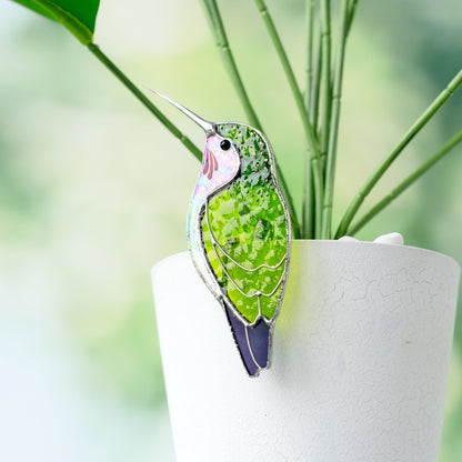 suncatcher stained_glass Green Hummingbird Stained Glass – Planter Decoration Funny & Cute Bird Gift | Tropical Decor | Whimsical Accent for Plant Lovers