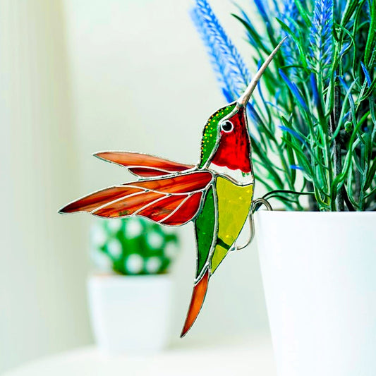 suncatcher Top product stained_glass Green Hummingbird Stained Glass - Suncatcher Planter Decor 4.7x3.15 inch