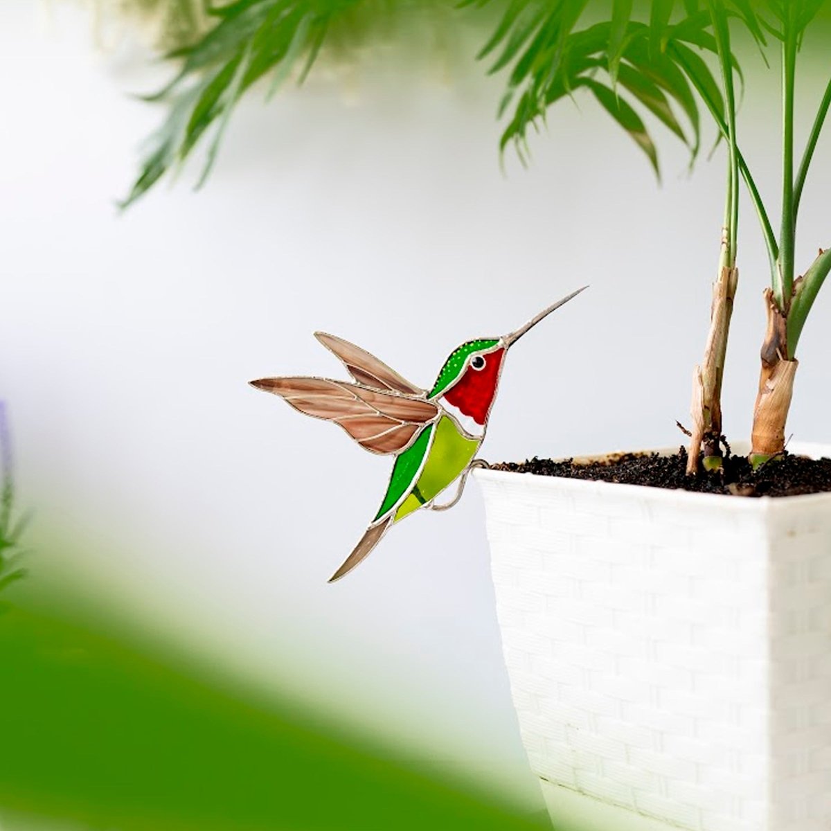 suncatcher Top product stained_glass Green Hummingbird Stained Glass - Suncatcher Planter Decor 4.7x3.15 inch