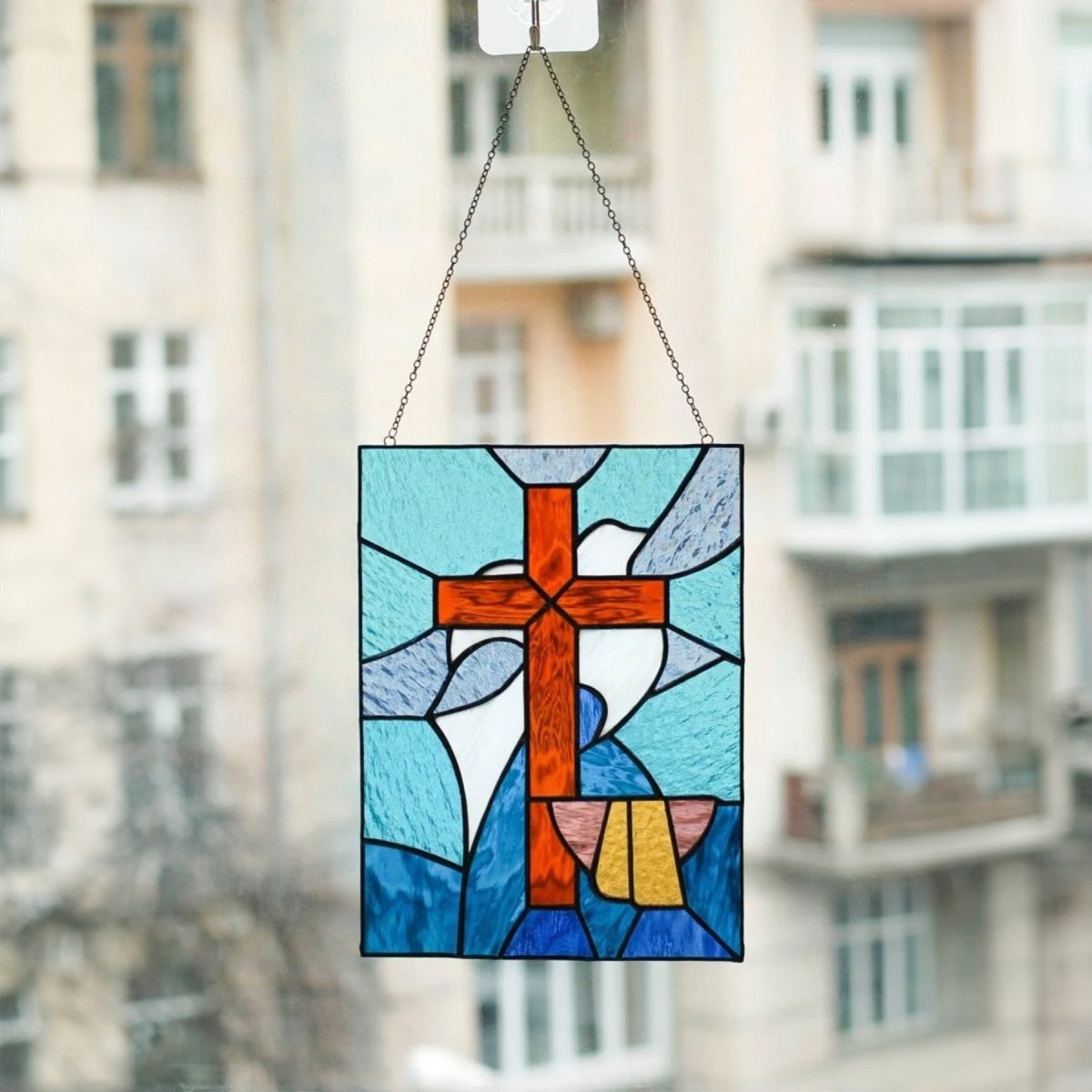 suncatcher stained glass panel stained_glass Holy Cross Stained glass - Suncatcher Panel Decor 10x7.1 inch