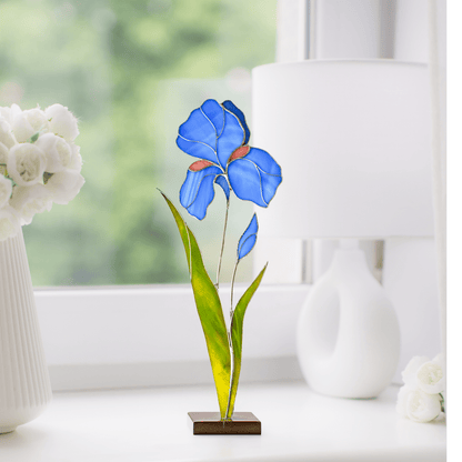suncatcher stained_glass Iris Stained Glass Table Decor – Handmade Faux Flower for Home or Gift