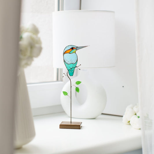 suncatcher stained_glass Kingfisher Stained Glass Suncatcher – Handmade Table Decor