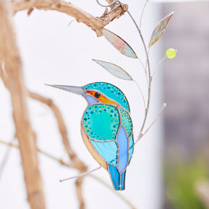 suncatcher Top product stained_glass Kingfisher Stained Glass - Suncatcher Hanging Decor 8.5x4.75 inch