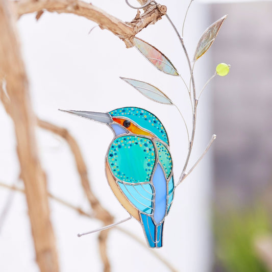 suncatcher Top product stained_glass Kingfisher Stained Glass - Suncatcher Hanging Decor 8.5x4.75 inch