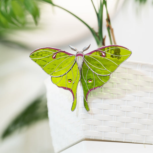 suncatcher stained_glass Luna Moth Stained Glass – Best - Selling Planter Decoration Gift for Mom | Gardener’s Favorite | Nature - Inspired Decor