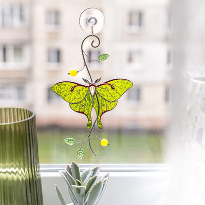suncatcher stained_glass Luna Moth Stained Glass Window Hanging – Suncatcher