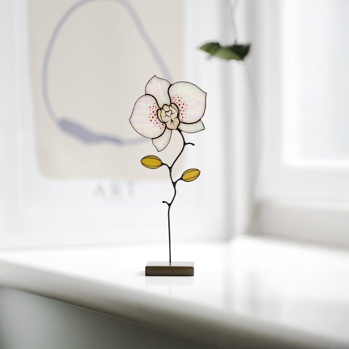 suncatcher stained_glass Orchid Stained Glass Table Decor – Handcrafted Floral Sculpture on Stone Base