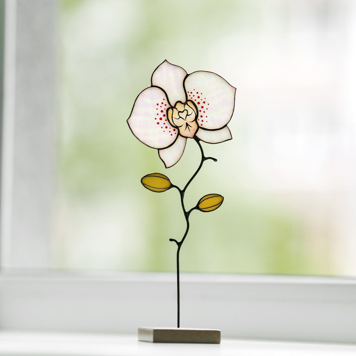suncatcher stained_glass Orchid Stained Glass Table Decor – Handcrafted Floral Sculpture on Stone Base