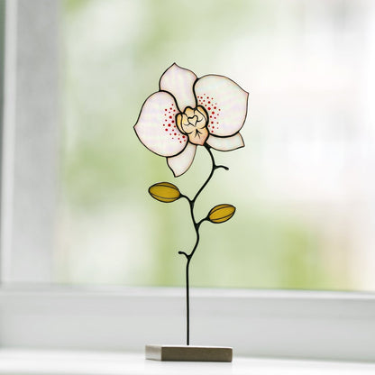 suncatcher stained_glass Orchid Stained Glass Table Decor – Handcrafted Floral Sculpture on Stone Base