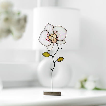 suncatcher stained_glass Orchid Stained Glass Table Decor – Handcrafted Floral Sculpture on Stone Base