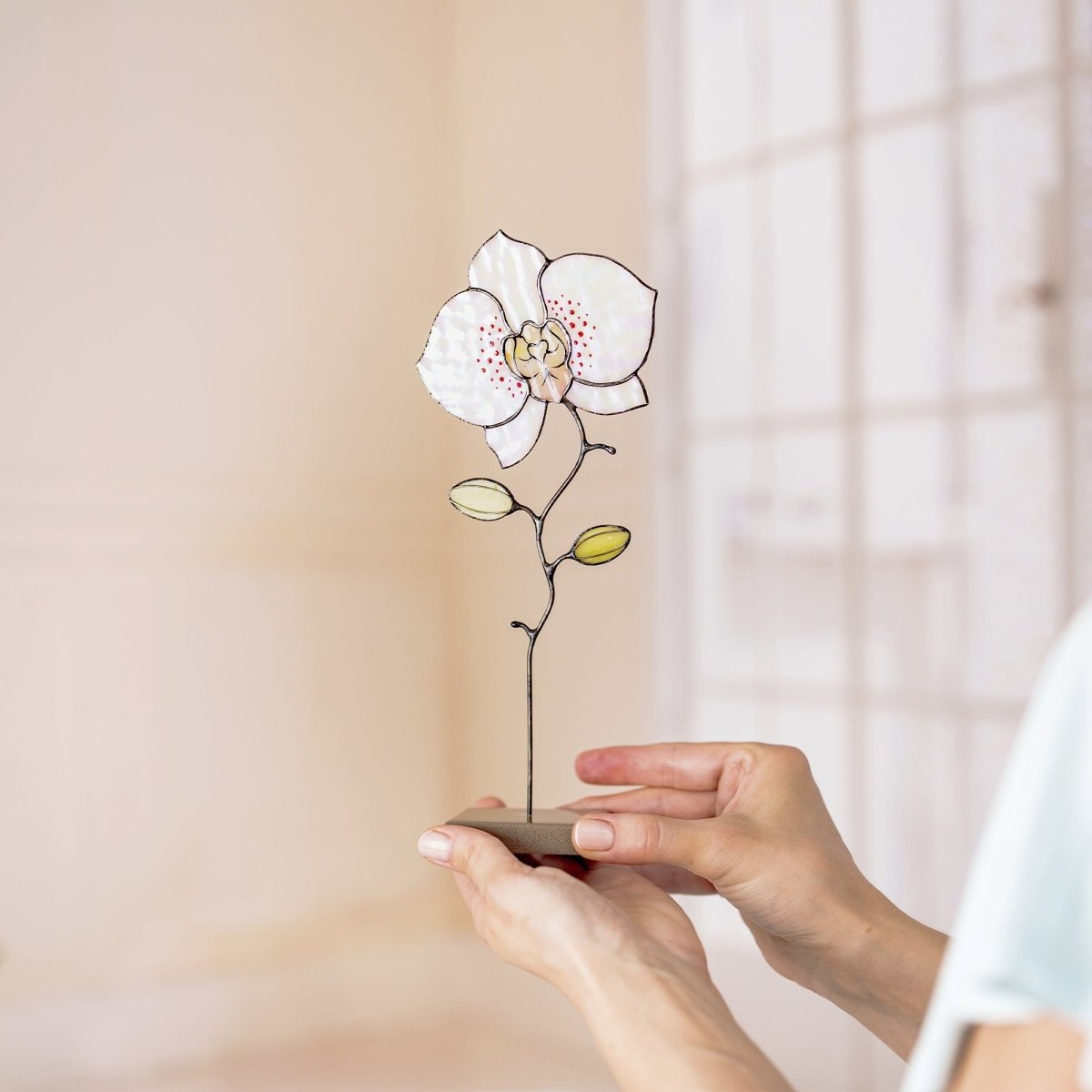 suncatcher stained_glass Orchid Stained Glass Table Decor – Handcrafted Floral Sculpture on Stone Base
