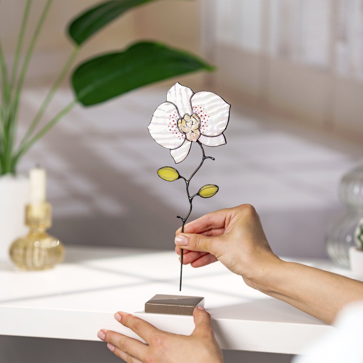 suncatcher stained_glass Orchid Stained Glass Table Decor – Handcrafted Floral Sculpture on Stone Base