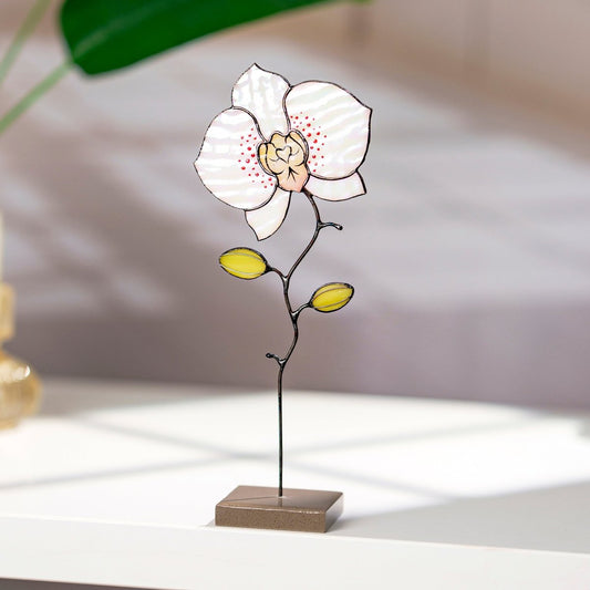 suncatcher Flowers stained_glass Orchid Stained Glass Table Decor – Handcrafted Floral Sculpture on Stone Base