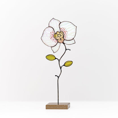 suncatcher stained_glass Orchid Stained Glass Table Decor – Handcrafted Floral Sculpture on Stone Base