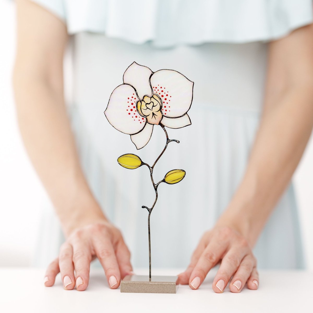suncatcher stained_glass Orchid Stained Glass Table Decor – Handcrafted Floral Sculpture on Stone Base