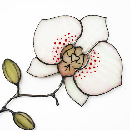 suncatcher stained_glass Orchid Stained Glass Table Decor – Handcrafted Floral Sculpture on Stone Base