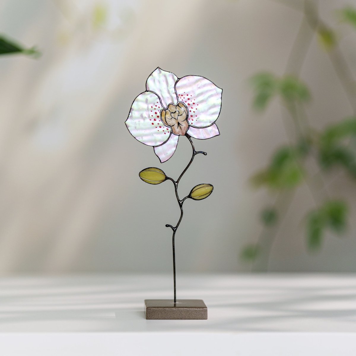 suncatcher stained_glass Orchid Stained Glass Table Decor – Handcrafted Floral Sculpture on Stone Base