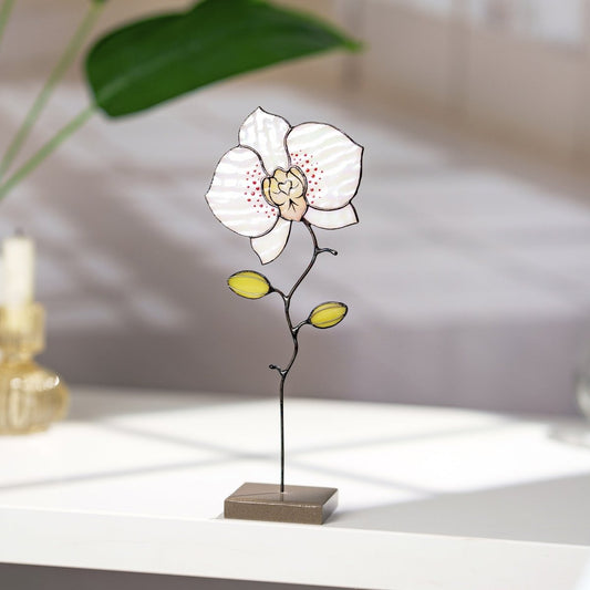 suncatcher stained_glass Orchid Stained Glass Table Decor – Handcrafted Floral Sculpture on Stone Base