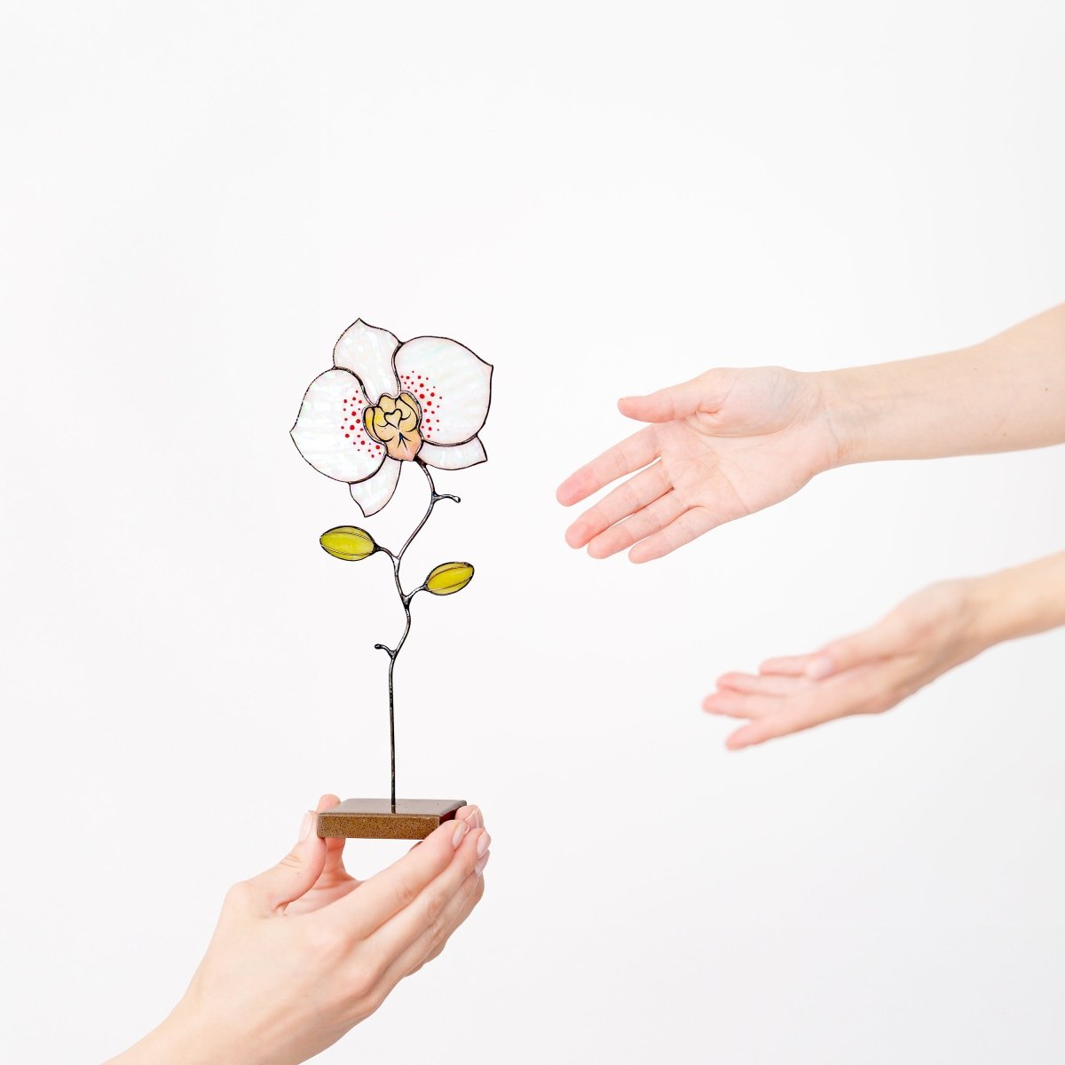 suncatcher stained_glass Orchid Stained Glass Table Decor – Handcrafted Floral Sculpture on Stone Base