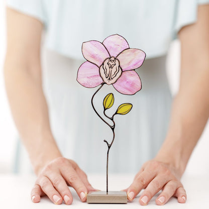 suncatcher stained_glass Pink Orchid Stained Glass Table Decor – Handmade Floral Sculpture